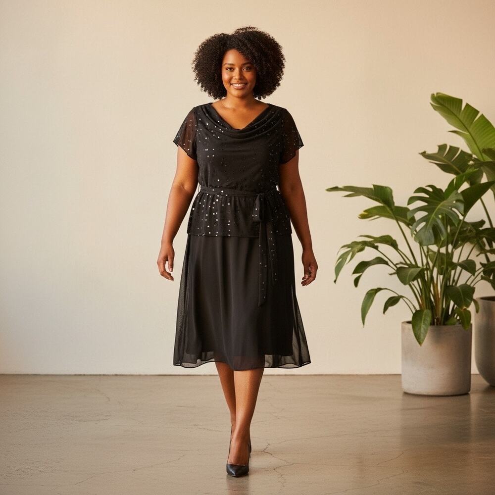 Karen Stevens Dress 8 Gray Layered Flutter Sleeve Belted Party Event